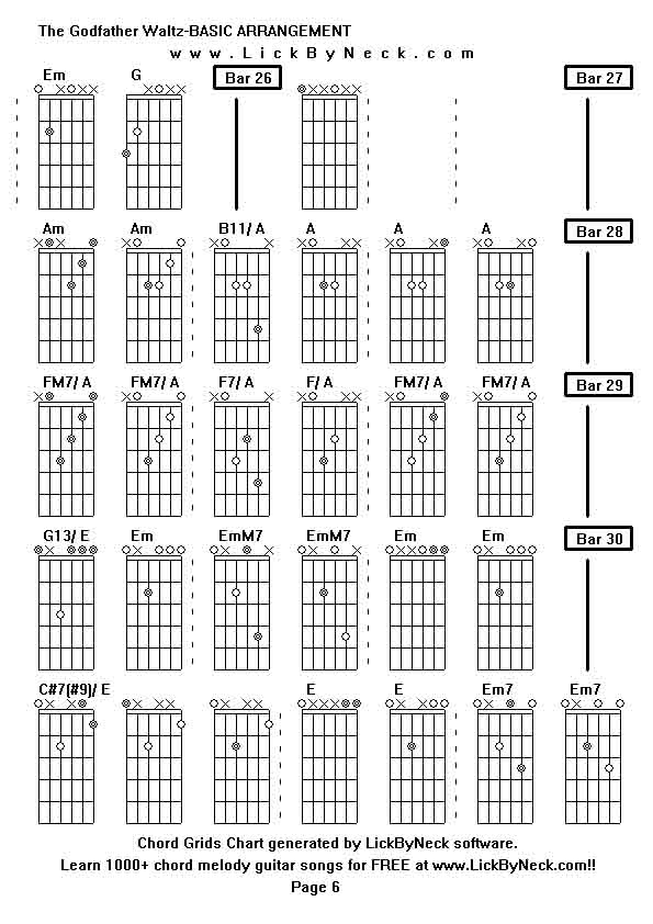 Chord Grids Chart of chord melody fingerstyle guitar song-The Godfather Waltz-BASIC ARRANGEMENT,generated by LickByNeck software.